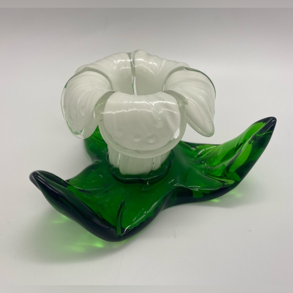 Handblown Glass White & Green Leaf Flower Art